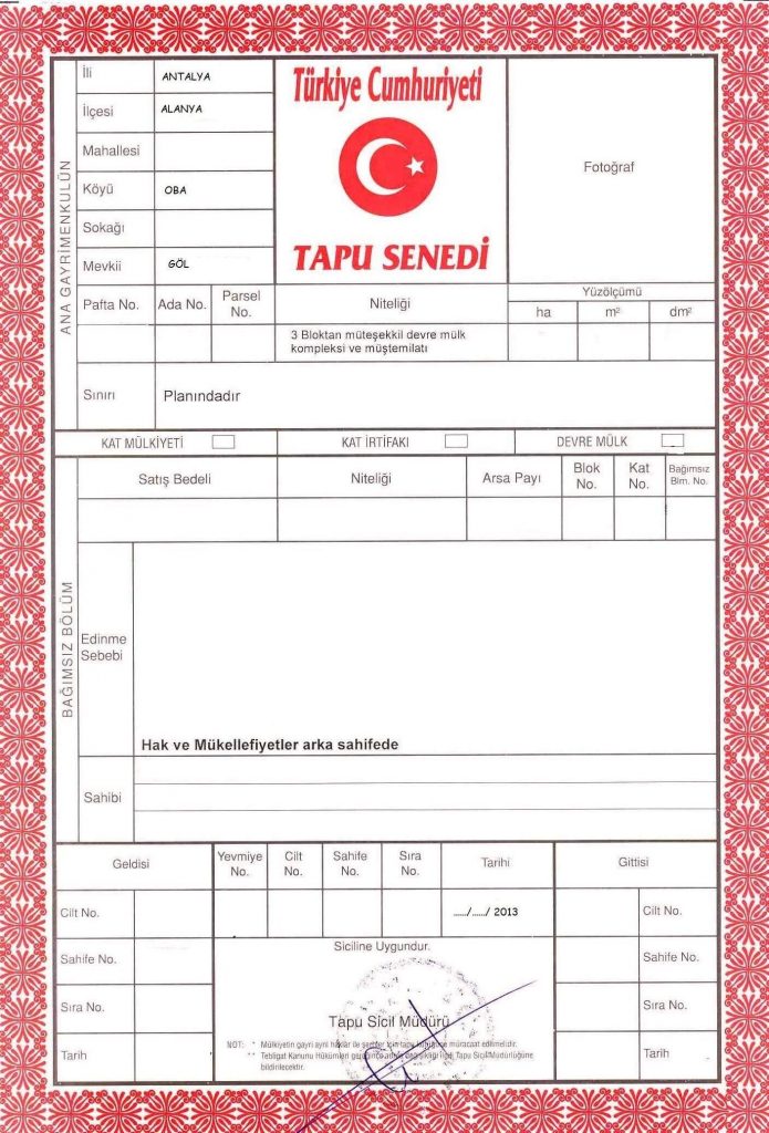 Tapu the Turkish Title Deed Ren Group Holding